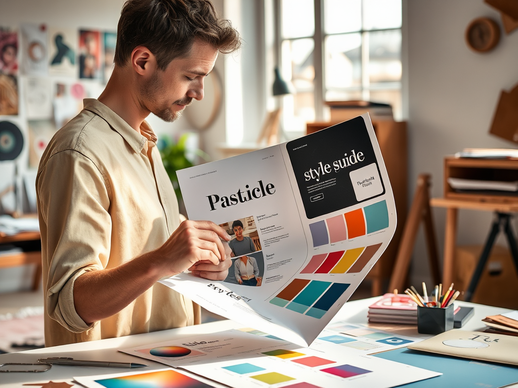 A man examines a style guide and color palette while working at a creative desk, with art and design materials around him.