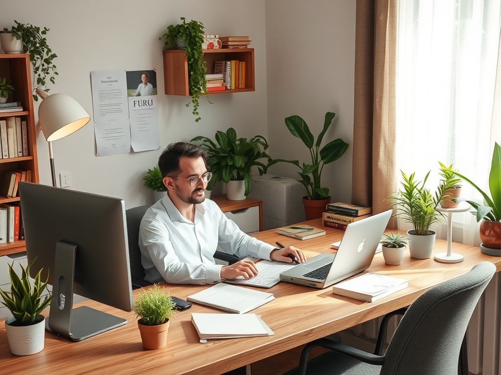 A person sits at a wooden desk, working on a laptop surrounded by indoor plants and books in a well-lit office space.