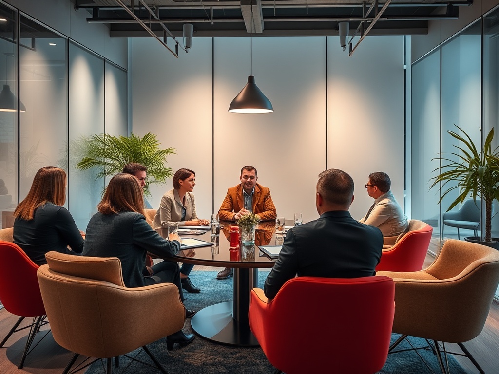 A group of professionals in a modern conference room engaged in discussion around a round table.