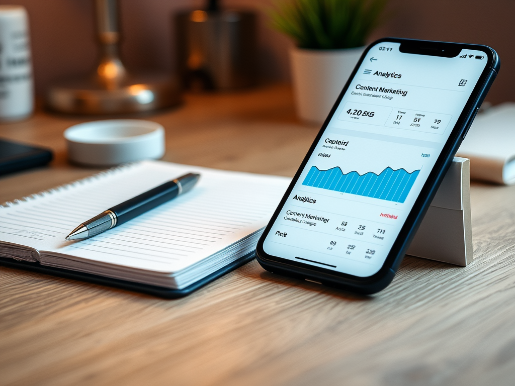 A smartphone displays analytics data on a desk next to a notepad and pen, with a lamp and plant in the background.