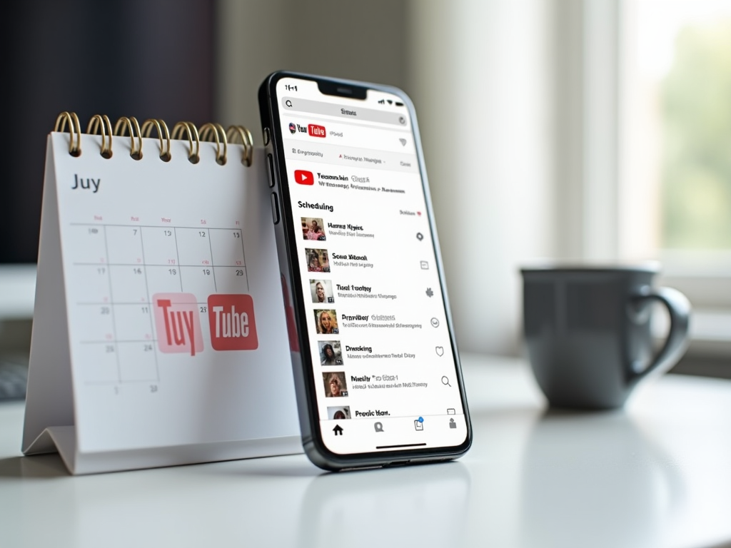 Smartphone showing YouTube app beside a July calendar and a coffee cup on a desk.