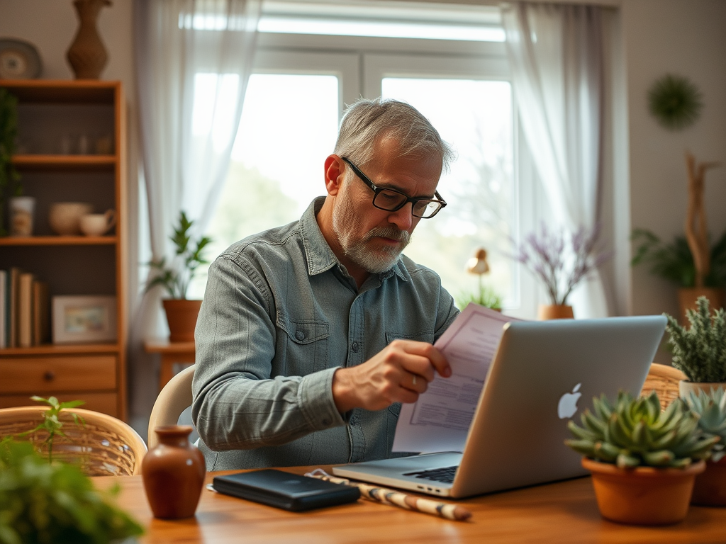 A man with glasses examines a document while working on a laptop in a cozy, plant-filled room.