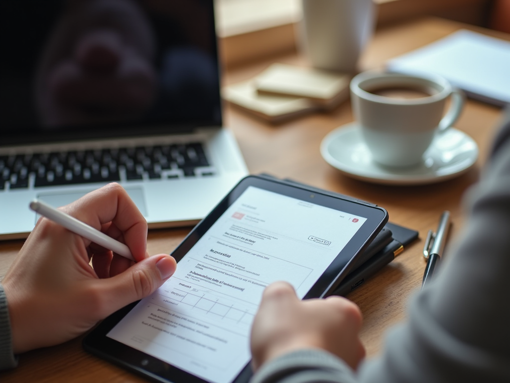 Person using a stylus on a tablet with forms, next to a laptop and cup of coffee on a wooden table.