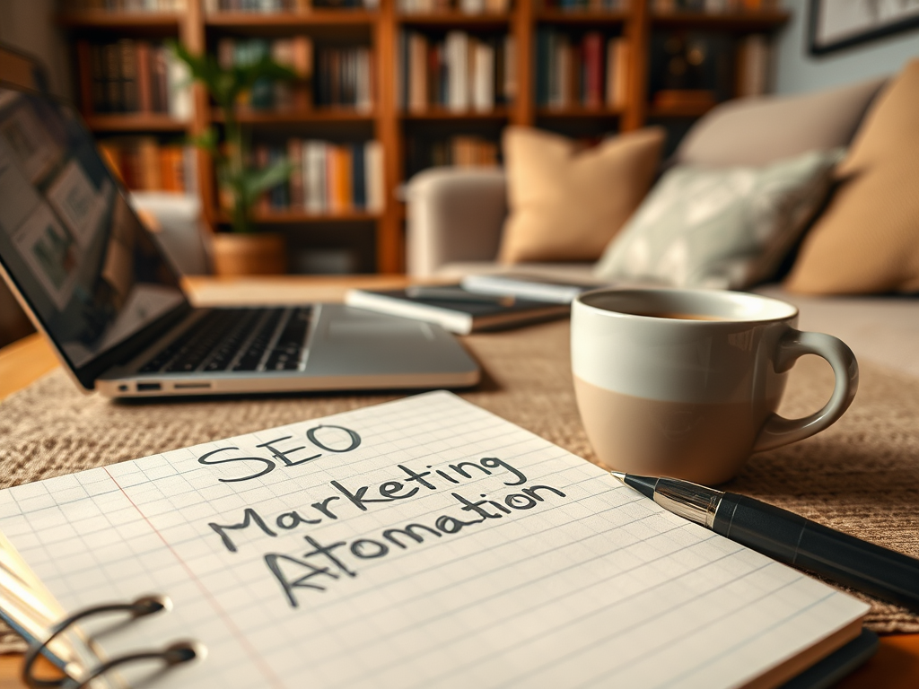 A workspace scene featuring a laptop, a coffee cup, and a notepad with "SEO Marketing Automation" written on it.