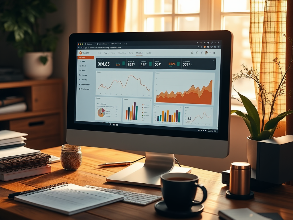 A computer monitor displaying various colorful graphs and data analysis in a cozy, well-lit office setting.