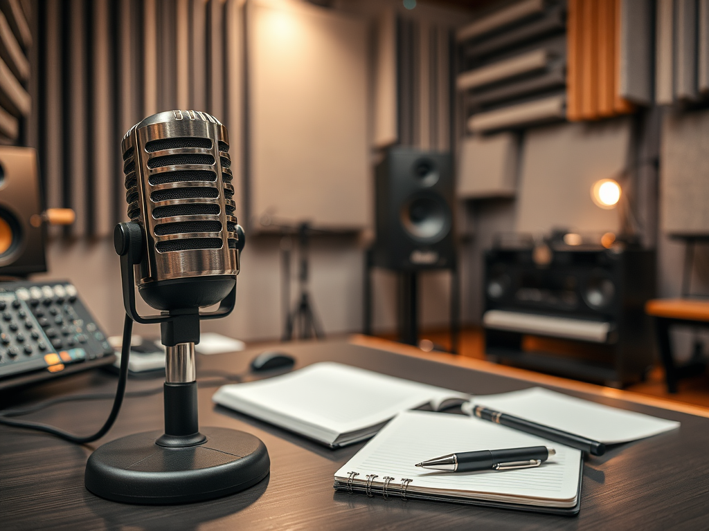 A vintage microphone stands on a desk with notebooks and a pen, set in a modern recording studio.