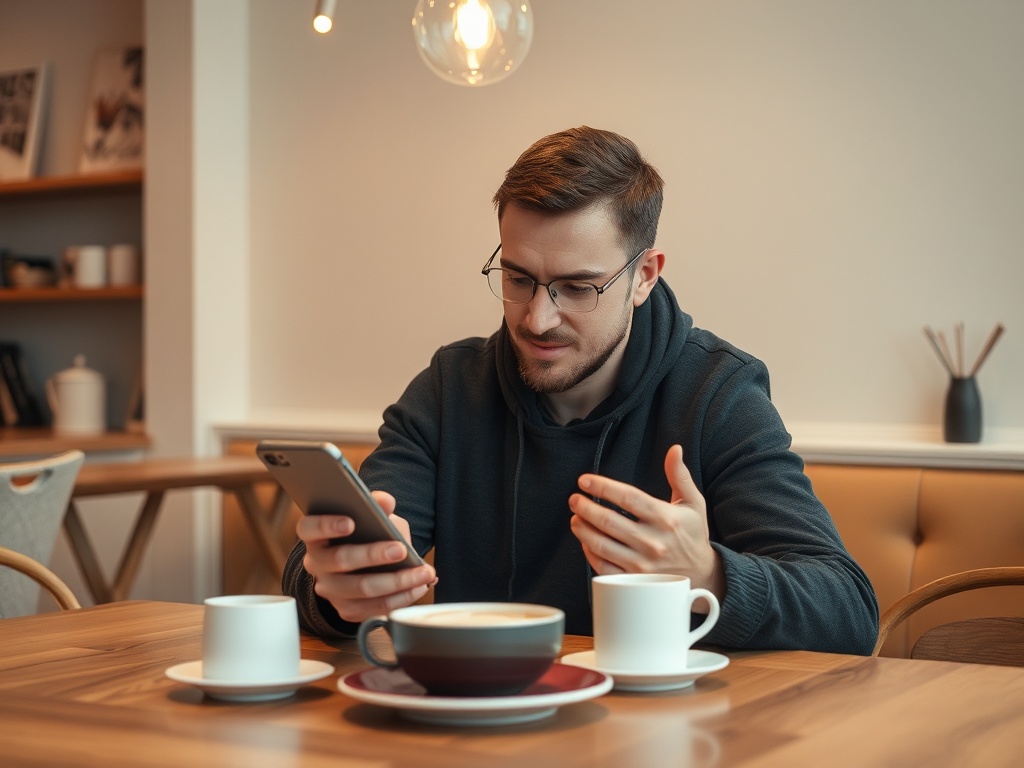 A man in a hoodie sits at a table in a café, looking at his smartphone with two cups nearby.