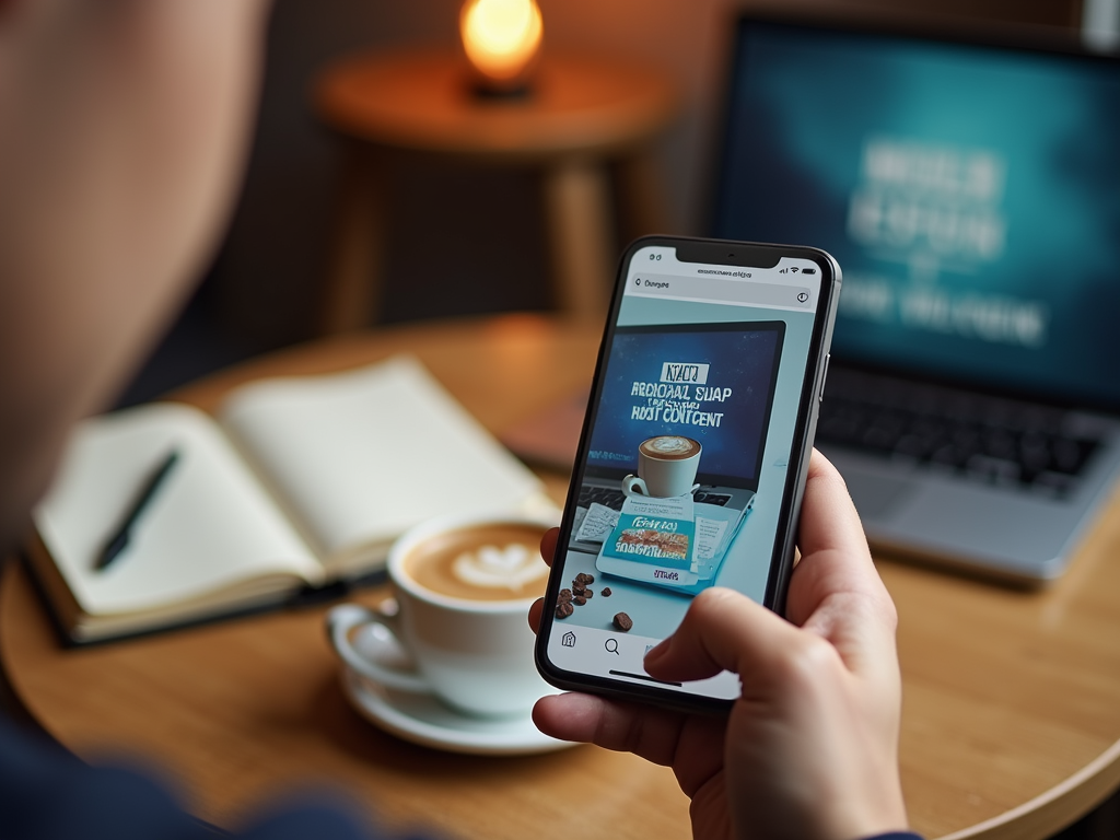 Person browsing a coffee-related ad on a smartphone at a cafe table with a laptop and coffee cup.