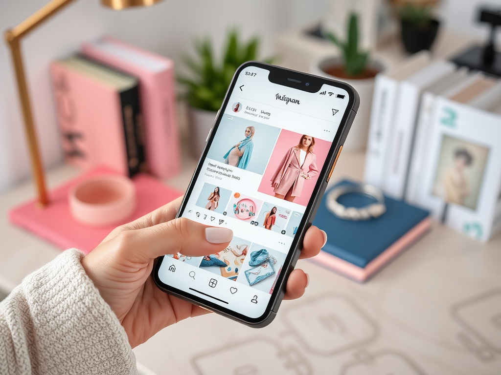 A hand holds a smartphone displaying an Instagram feed with fashion images and colorful backgrounds on a desk.