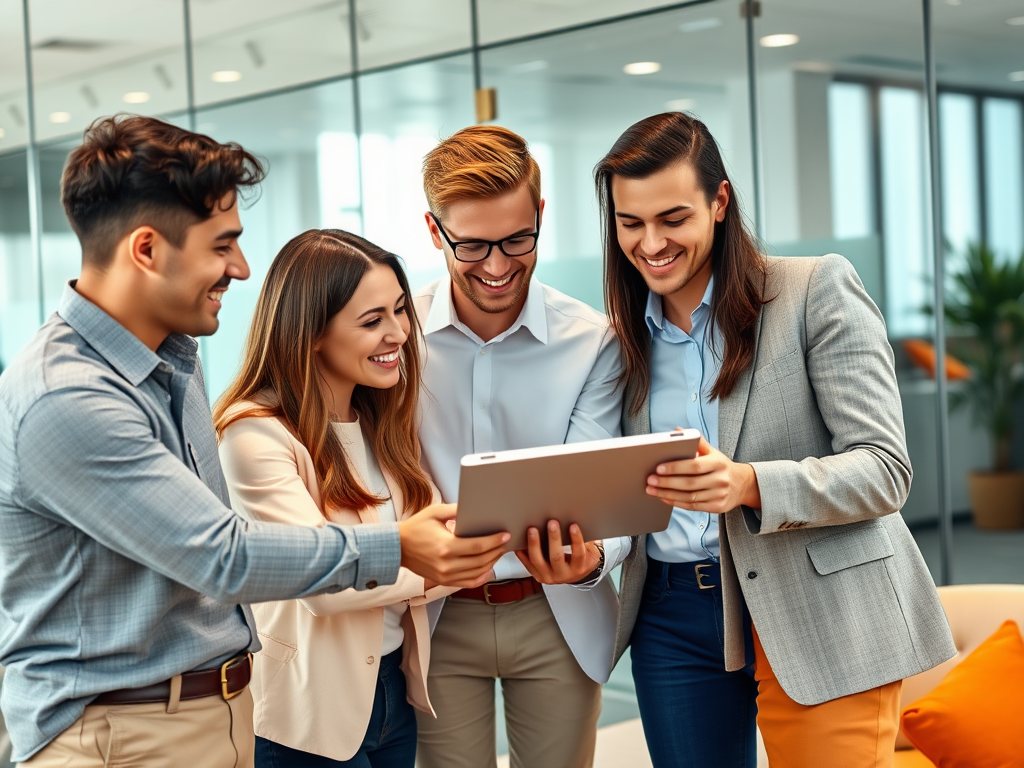 Four professionals are gathered, smiling and looking at a tablet in a modern office setting.