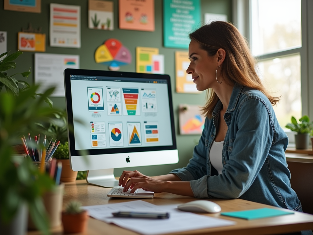 Woman working at a computer in a creative office, surrounded by colorful graphics and plants.