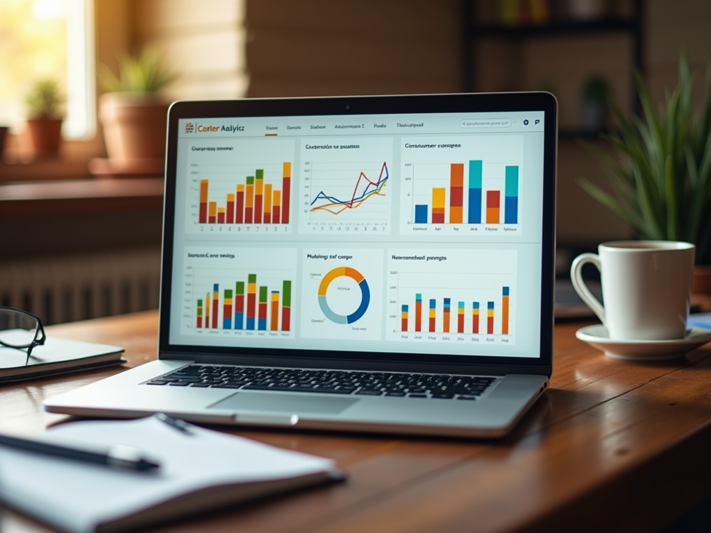 Laptop displaying colorful charts and graphs on screen, placed on a wooden desk with a cup of coffee.