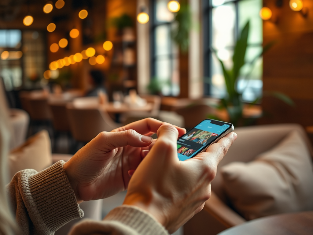 A person holds a smartphone, browsing content in a cozy café with warm lighting and plants in the background.