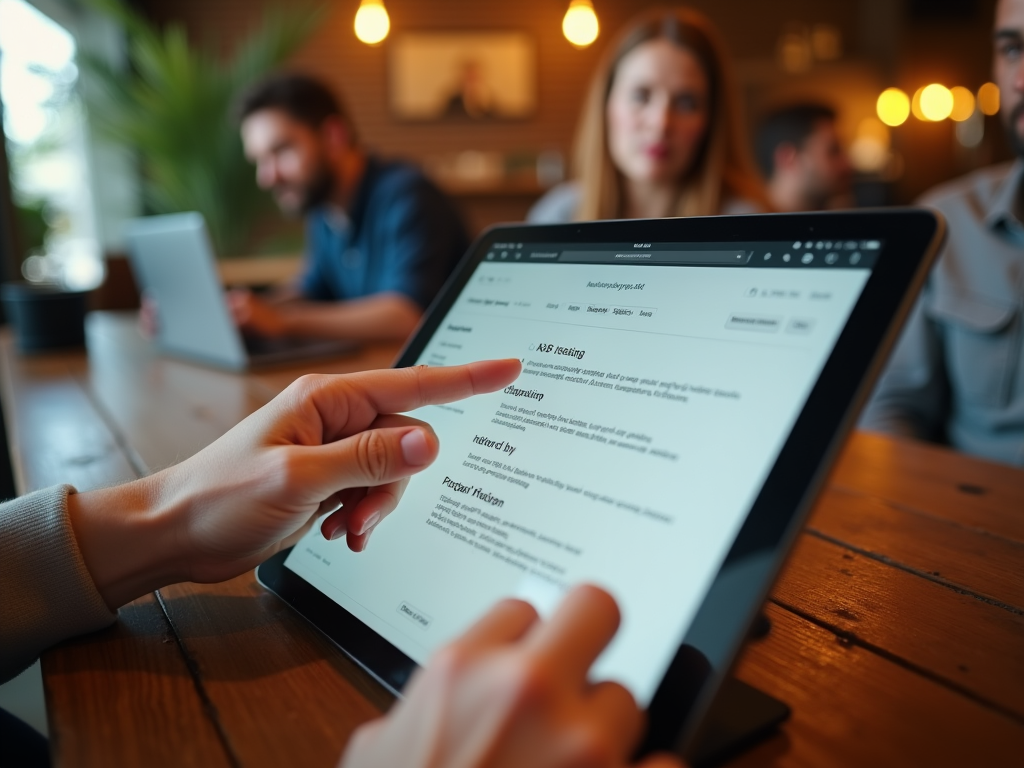 Person using a tablet in a coffee shop, with others working in the background.