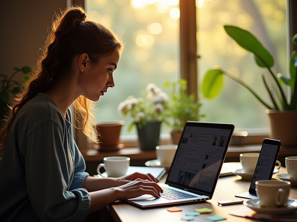 Woman working on laptop in cozy home office with plants and morning light.