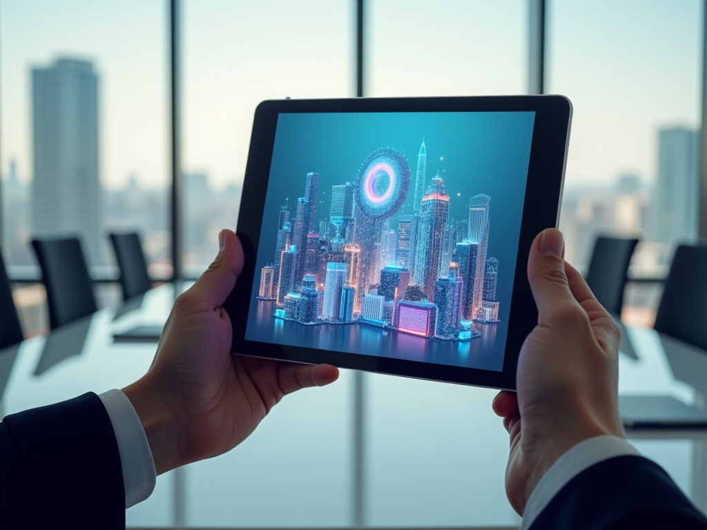 A person holds a tablet displaying a futuristic city skyline in a modern office setting.