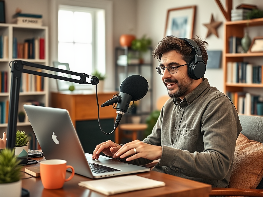 A man with headphones is recording a podcast at his desk, smiling while typing on a laptop.