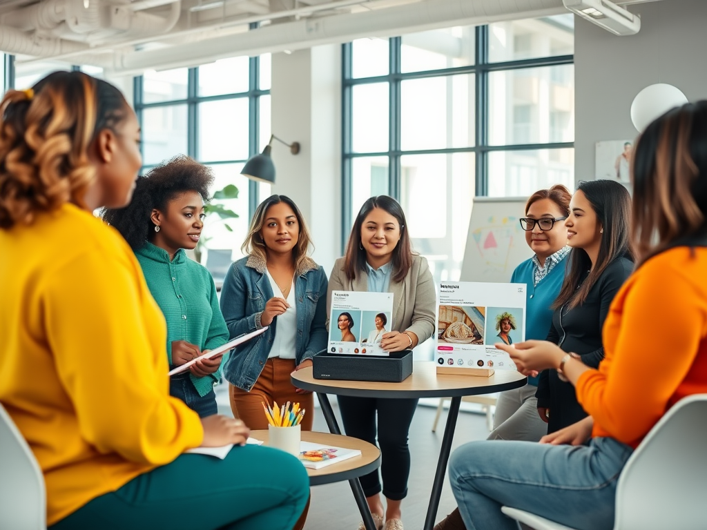 A diverse group of women engaged in a discussion, reviewing materials around a table in a bright office space.