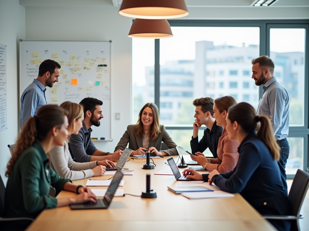 A diverse group of professionals engaged in a meeting, discussing and collaborating around a conference table.