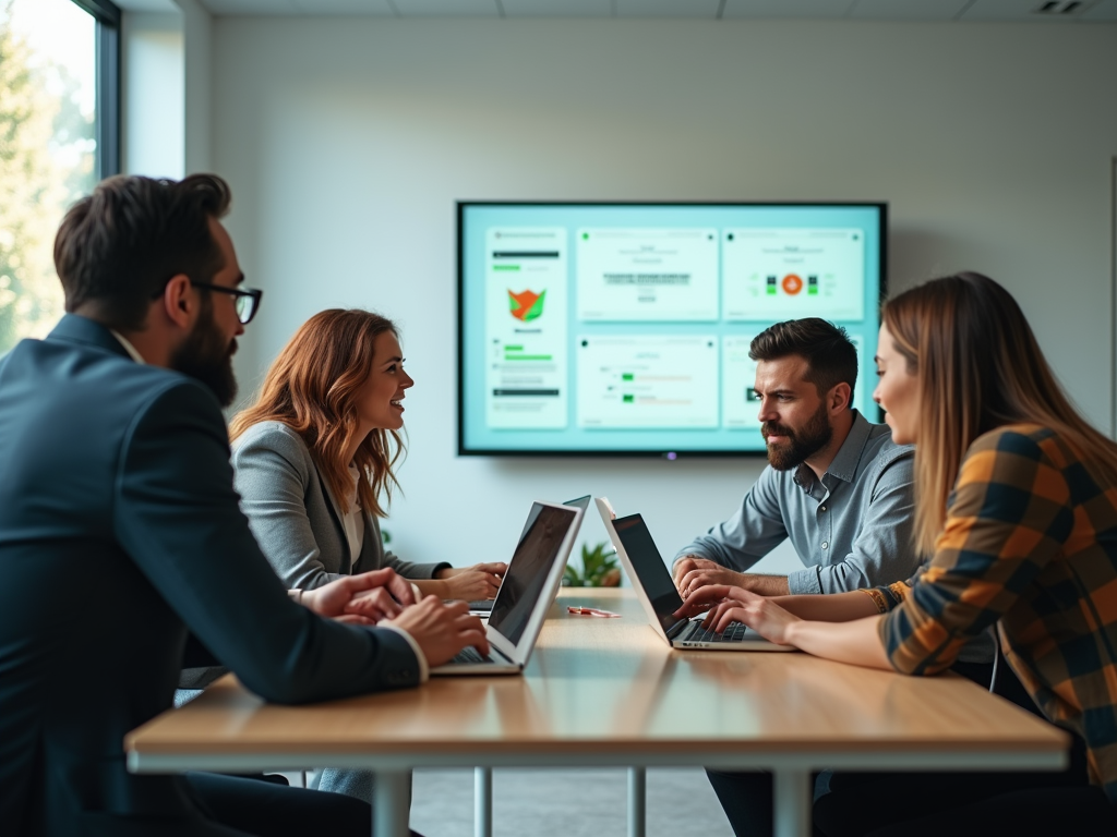 A group of four professionals engaged in a meeting with laptops, analyzing data displayed on a screen behind them.