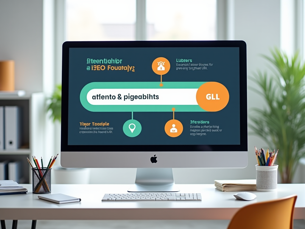 Computer screen displaying a colorful infographic with diagrams and text on a desk with stationery items.