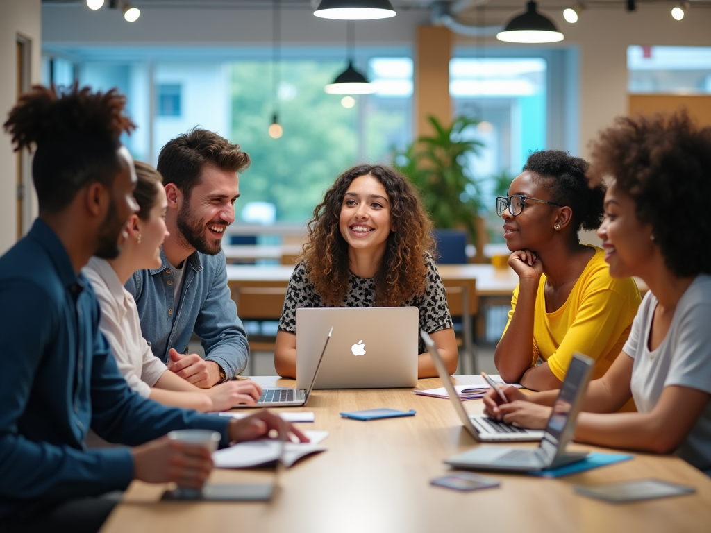 Diverse group of young professionals laughing and discussing around a table with laptops.