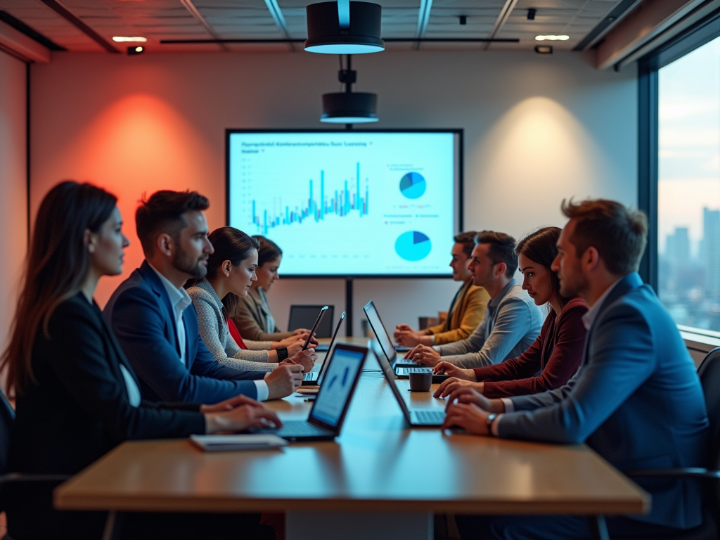 Business professionals in a meeting with a presentation on graphs and charts displayed.