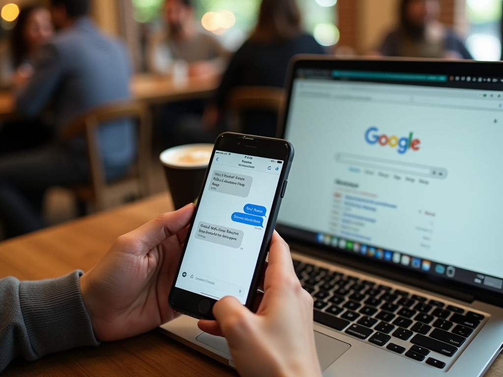 A person holds a smartphone with a messaging app open, while a laptop displays Google search results.