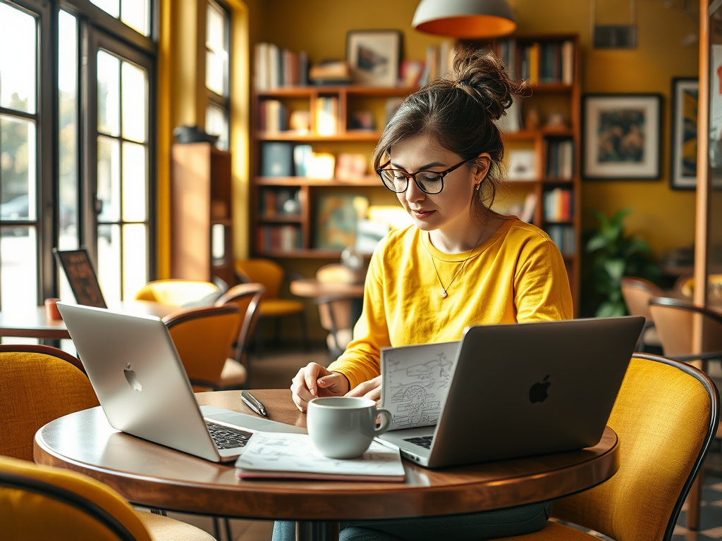 A young woman in a yellow sweater works at a table with two laptops and a cup of coffee in a cozy cafe.