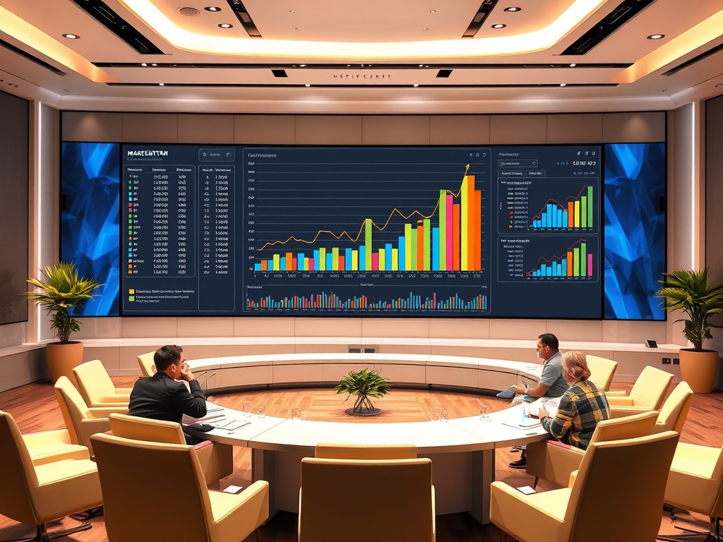 A modern conference room with a large screen displaying colorful data graphs and three collaborators discussing.