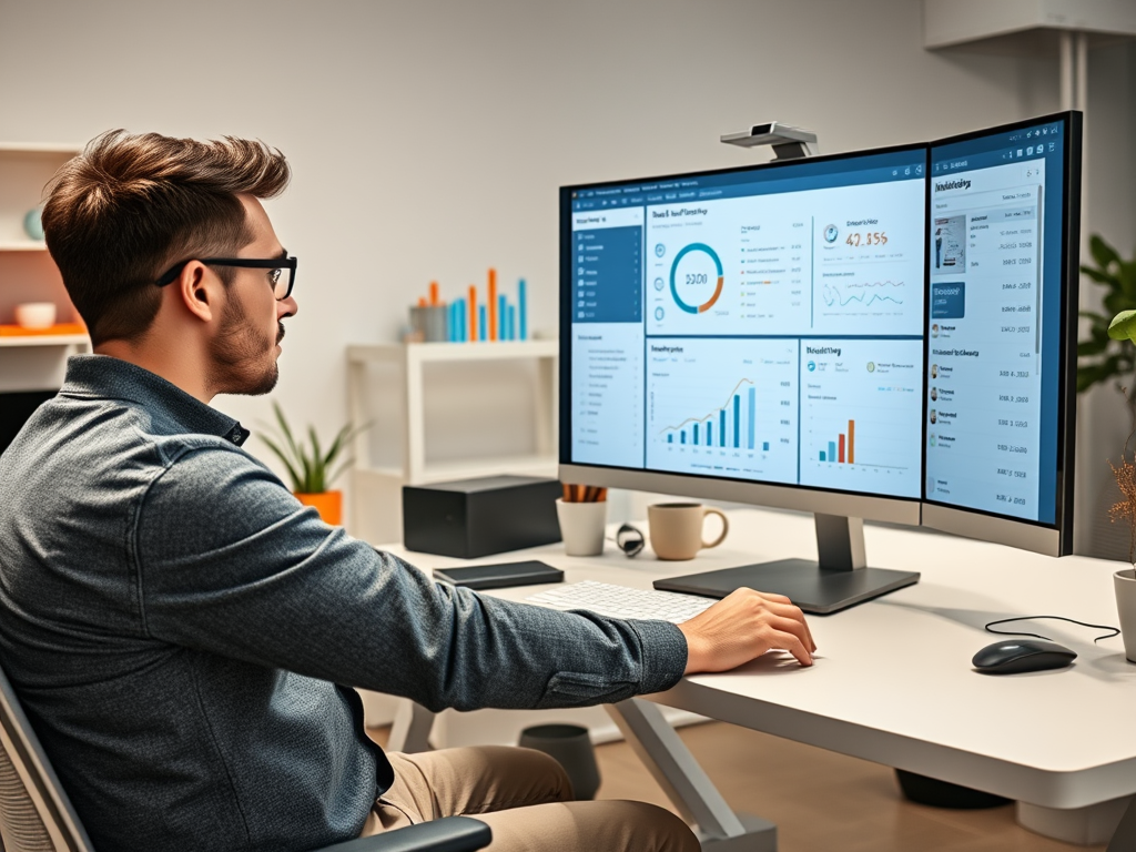 A man sits at a desk, focusing on data analytics displayed on dual monitors in a modern office setting.