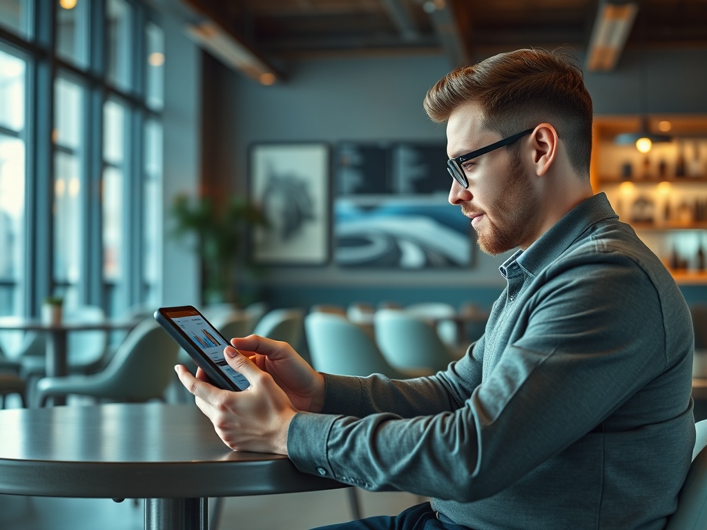 A man with glasses is seated at a table, focusing on a tablet in a cozy café setting.