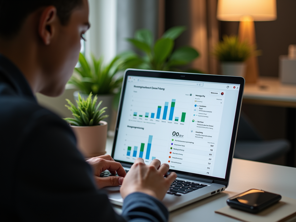 Man analyzing data on laptop screen with graphs and statistics in office setting.