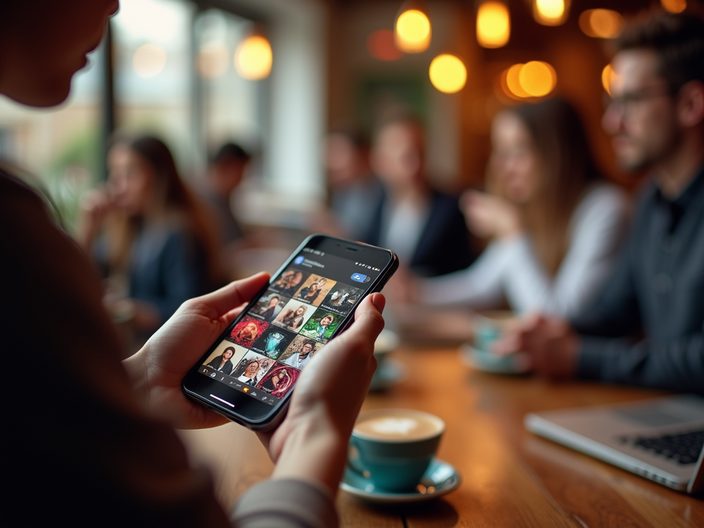 Person browsing social media on phone at a busy café table with friends in the background.