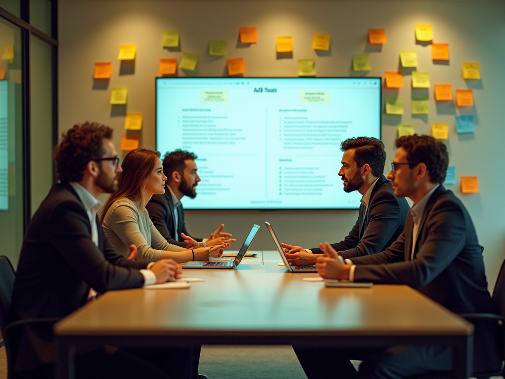 Business meeting with five professionals discussing a presentation on a large screen in a room with sticky notes.