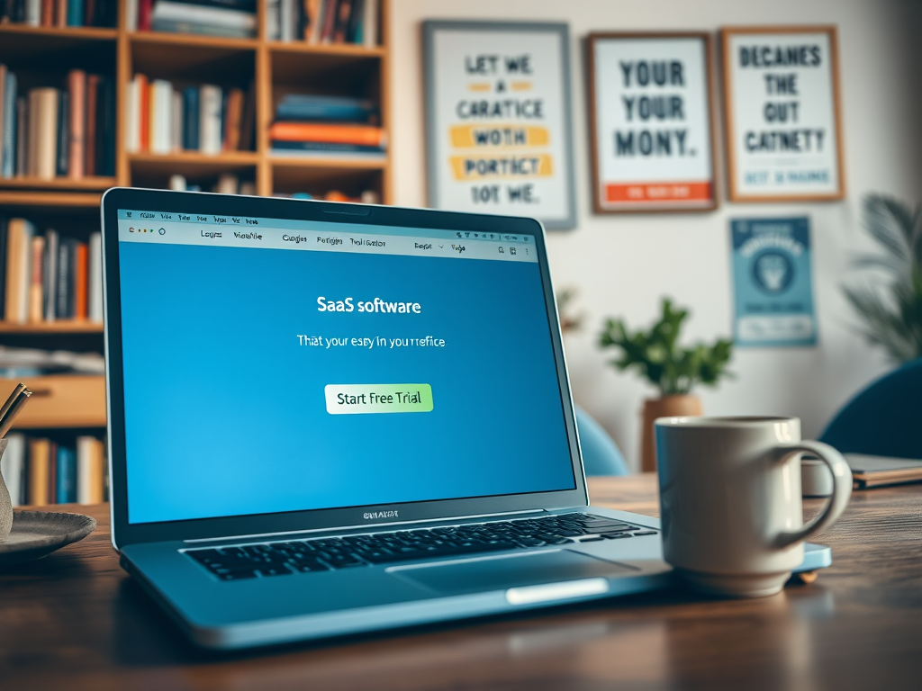 A laptop displaying a SaaS software homepage with a "Start Free Trial" button, next to a coffee cup.