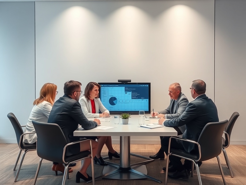A business meeting with five professionals discussing data displayed on a screen in a modern conference room.