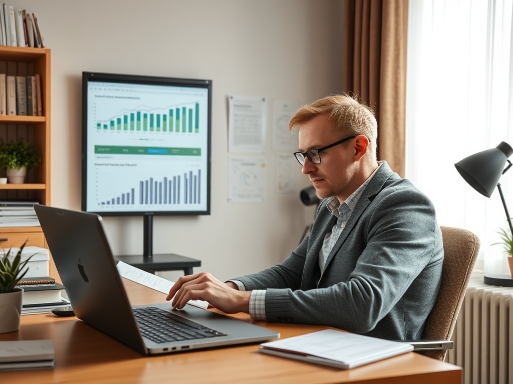 A man in a gray blazer works at a laptop, studying data graphs on a screen in a well-lit office space.