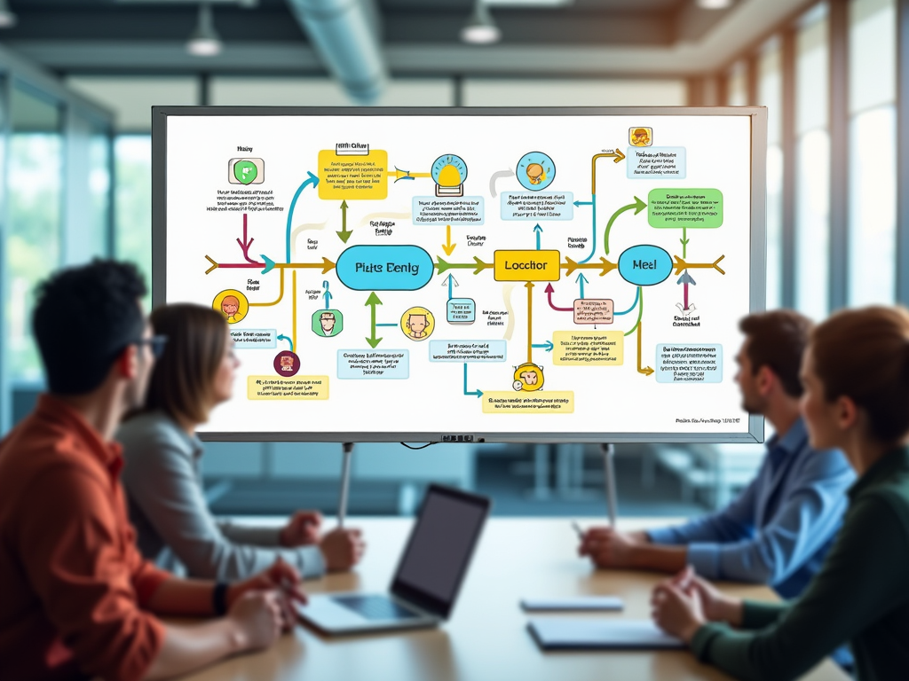 Group of professionals discussing a complex flowchart on a digital display in a modern office.