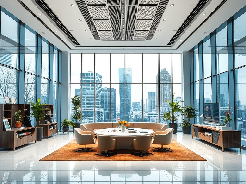 A modern office with large windows showcasing a city skyline, featuring a round table, chairs, and plants.