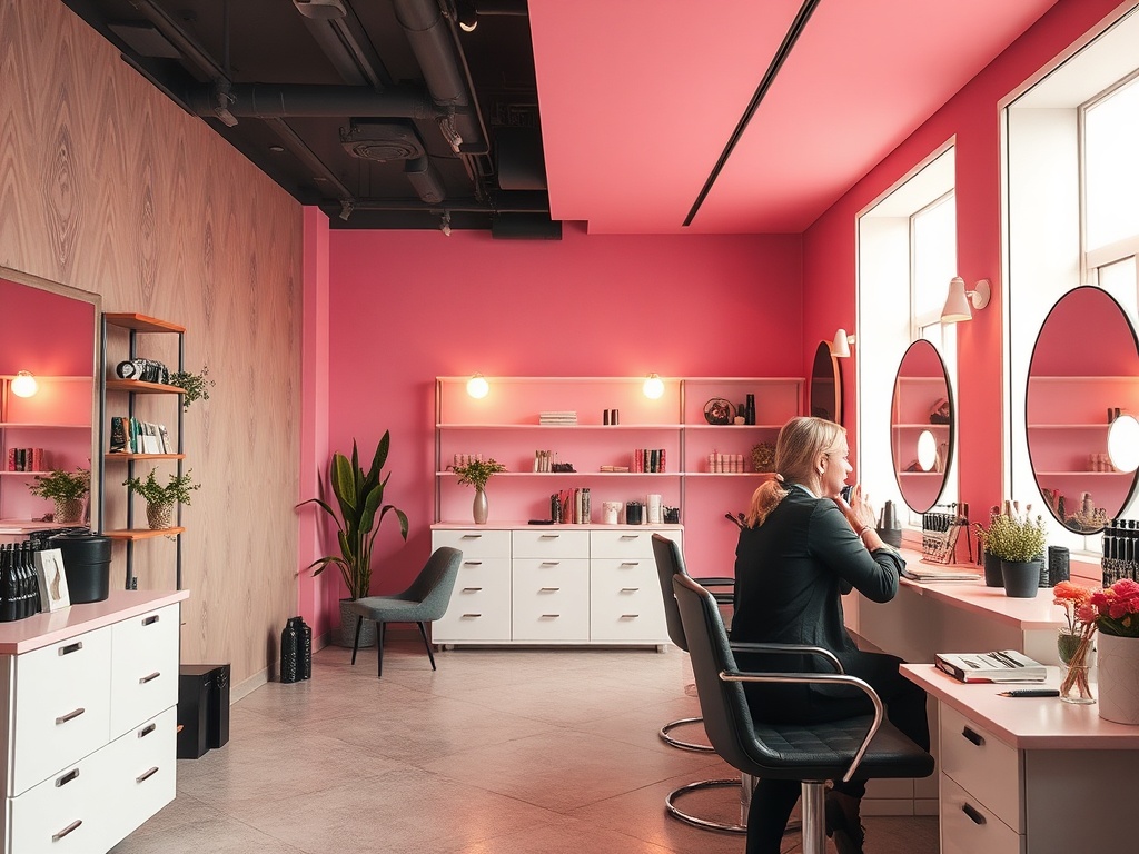 A modern beauty salon featuring pink walls, mirrors, and a stylist working at a makeup station.