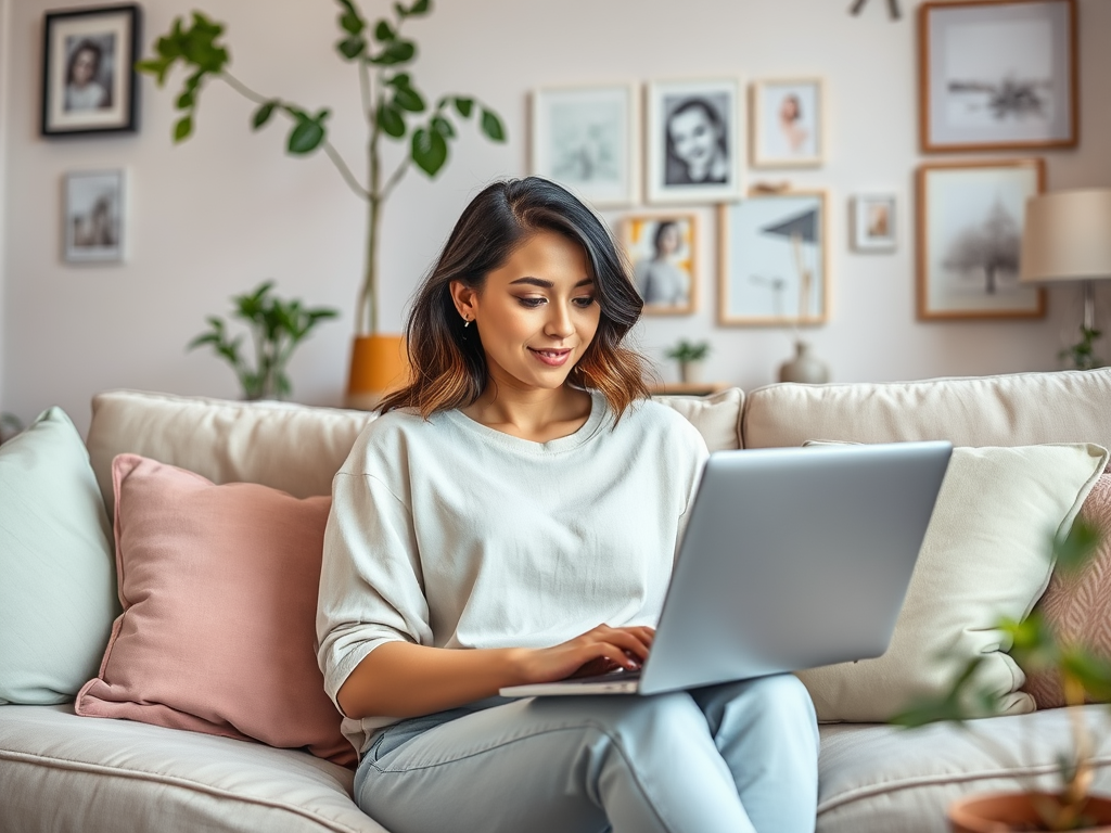 A woman sits on a couch, smiling at her laptop, surrounded by plants and framed photos on the wall.