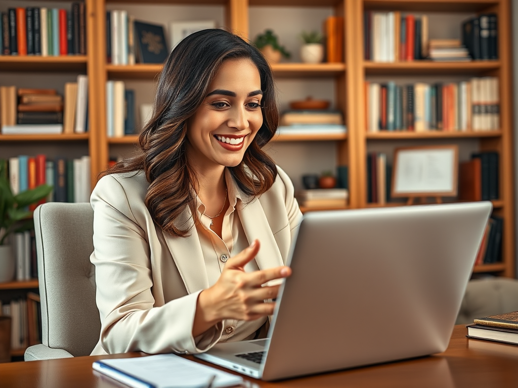 A woman smiles while sitting at a desk, engaging with a laptop in a cozy library setting.