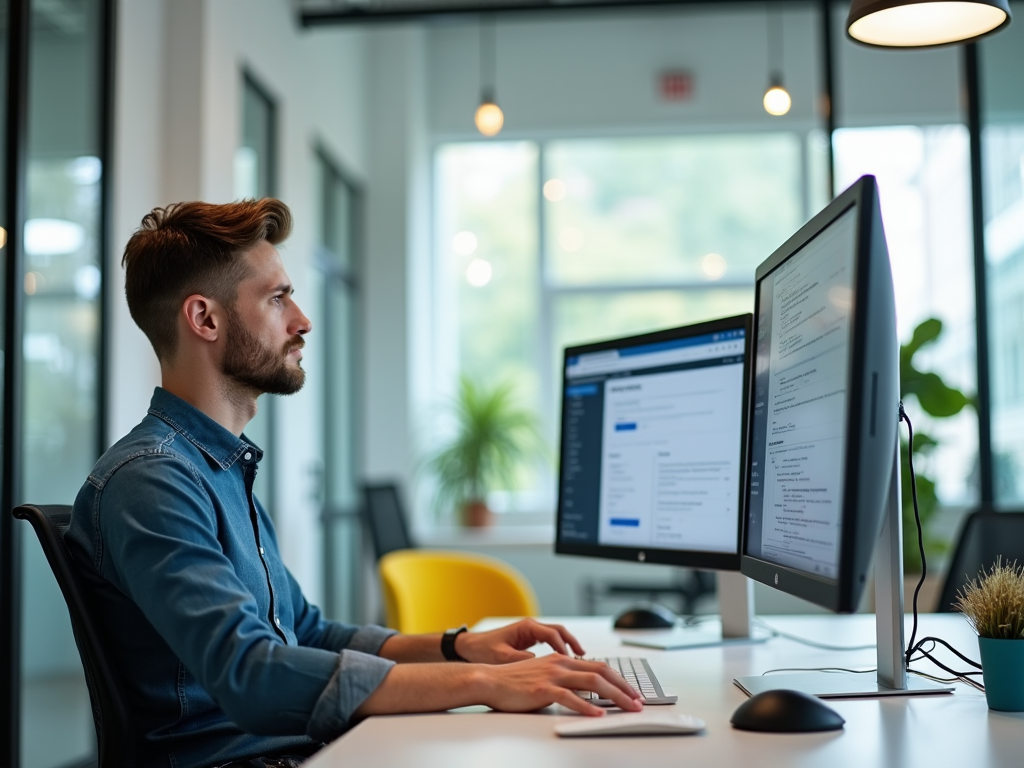 Man works intently at computer in modern office setting.