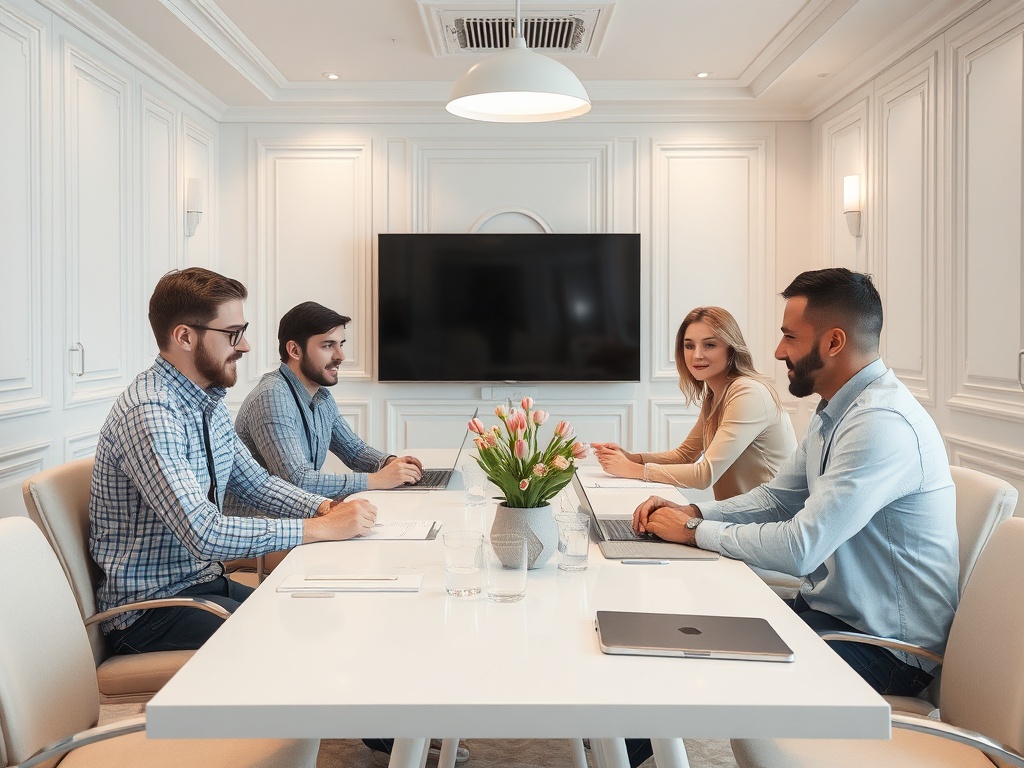 Four professionals engaged in a meeting at a modern conference table, with a floral centerpiece and a screen behind them.