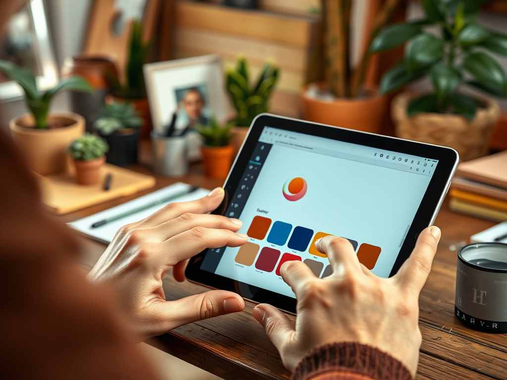 A person using a tablet to select colors, surrounded by plants and a workspace filled with stationery.