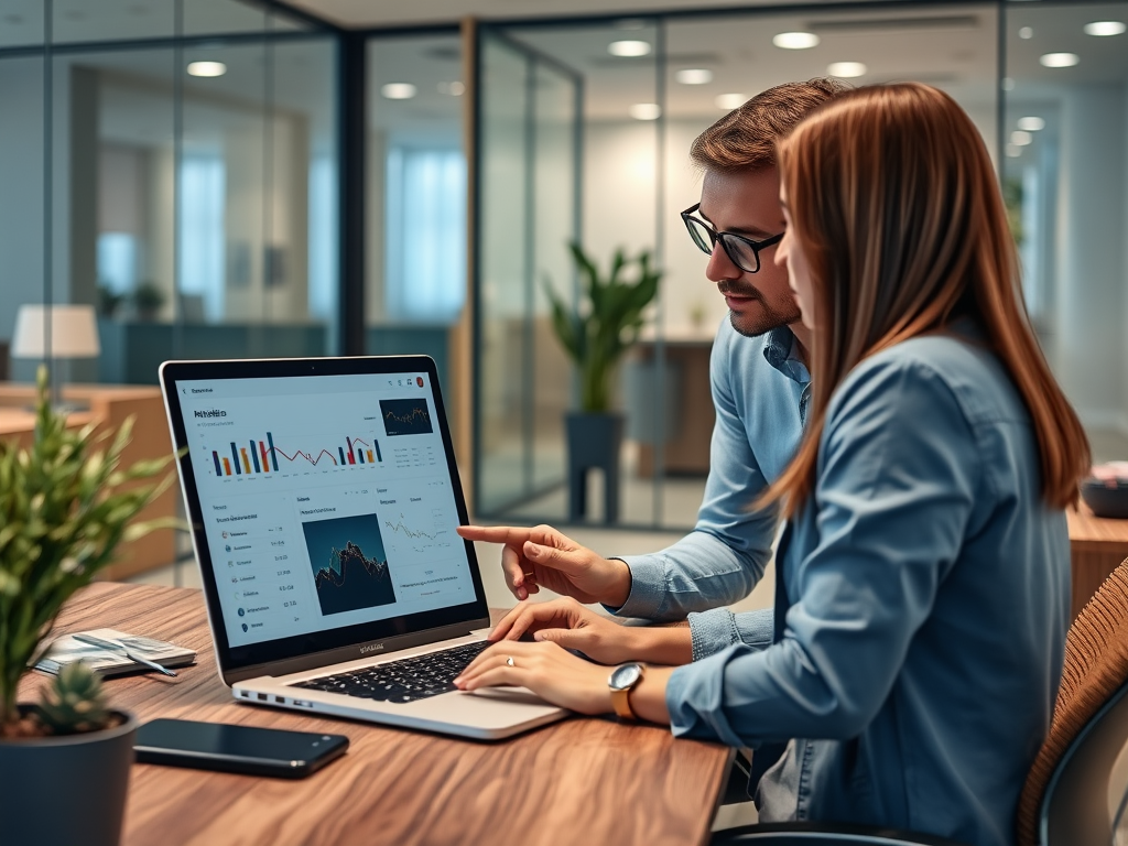 Two colleagues discuss data on a laptop in a modern office, analyzing graphs and statistics together.