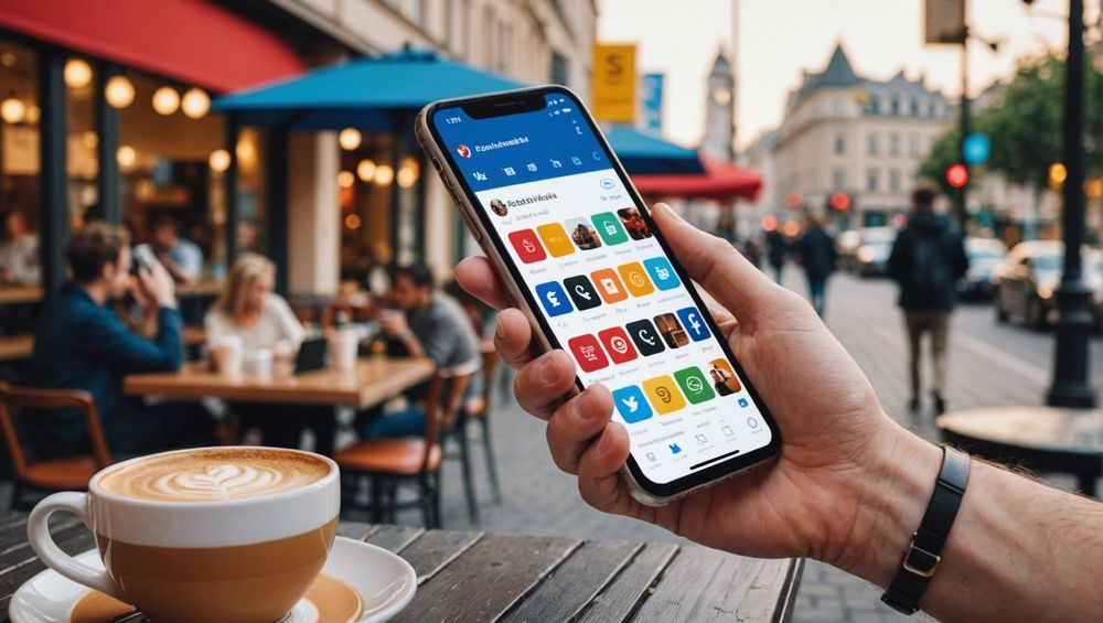 Человек использует смартфон с приложениями на фоне уличного кафе и чашки кофе.